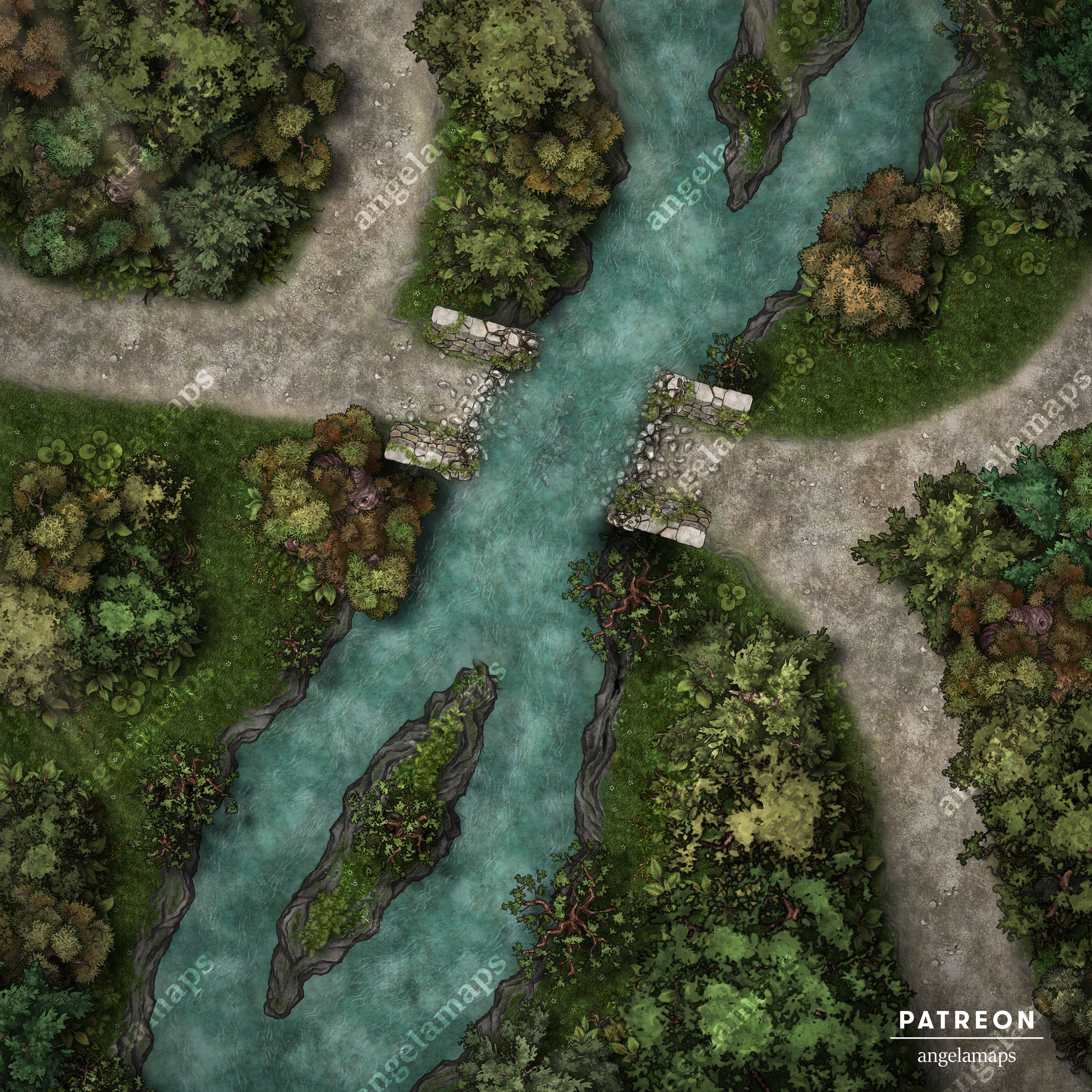 Battle map showing a bridge over a river, and a road with differnt forking paths