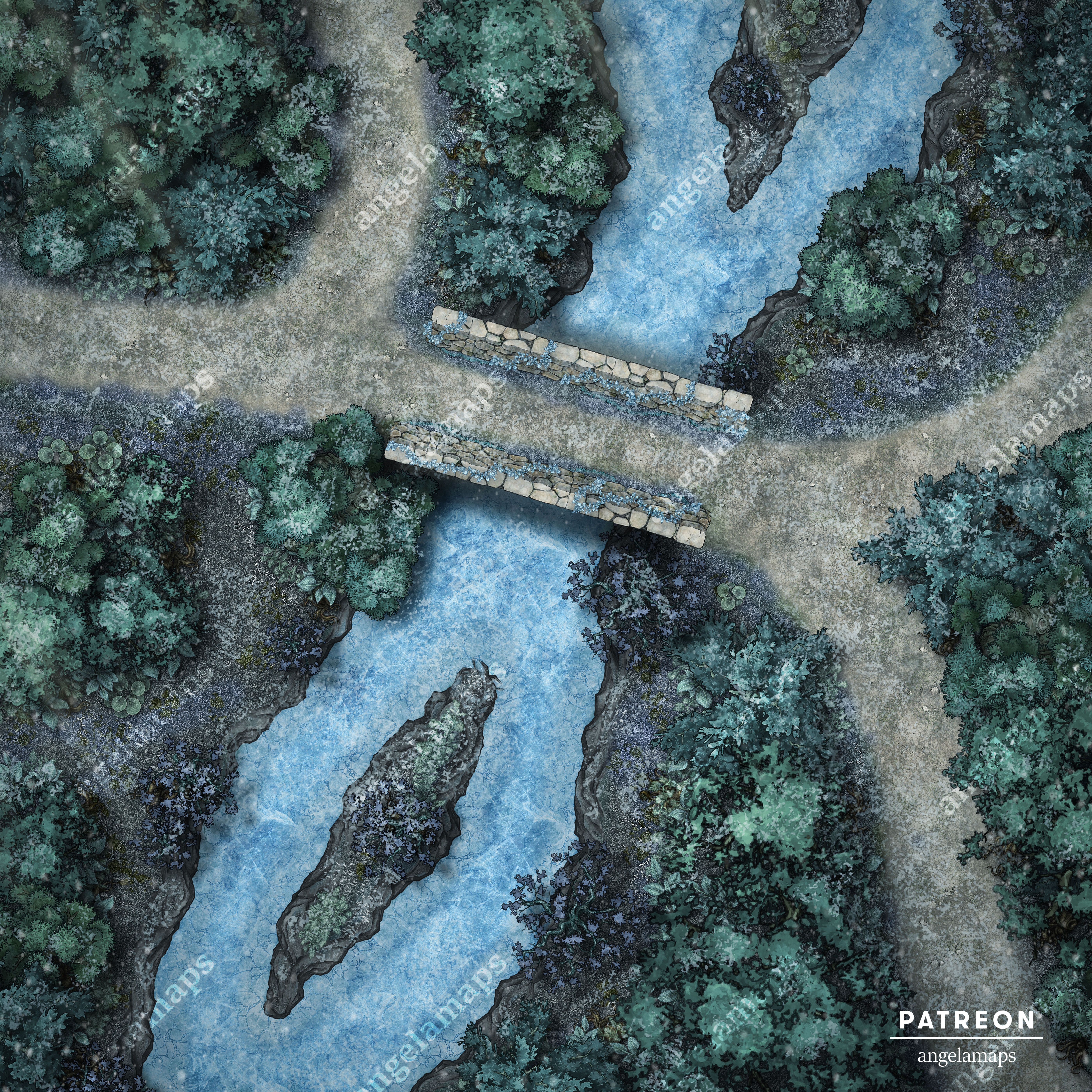 Battle map showing a bridge over a river, and a road with differnt forking paths