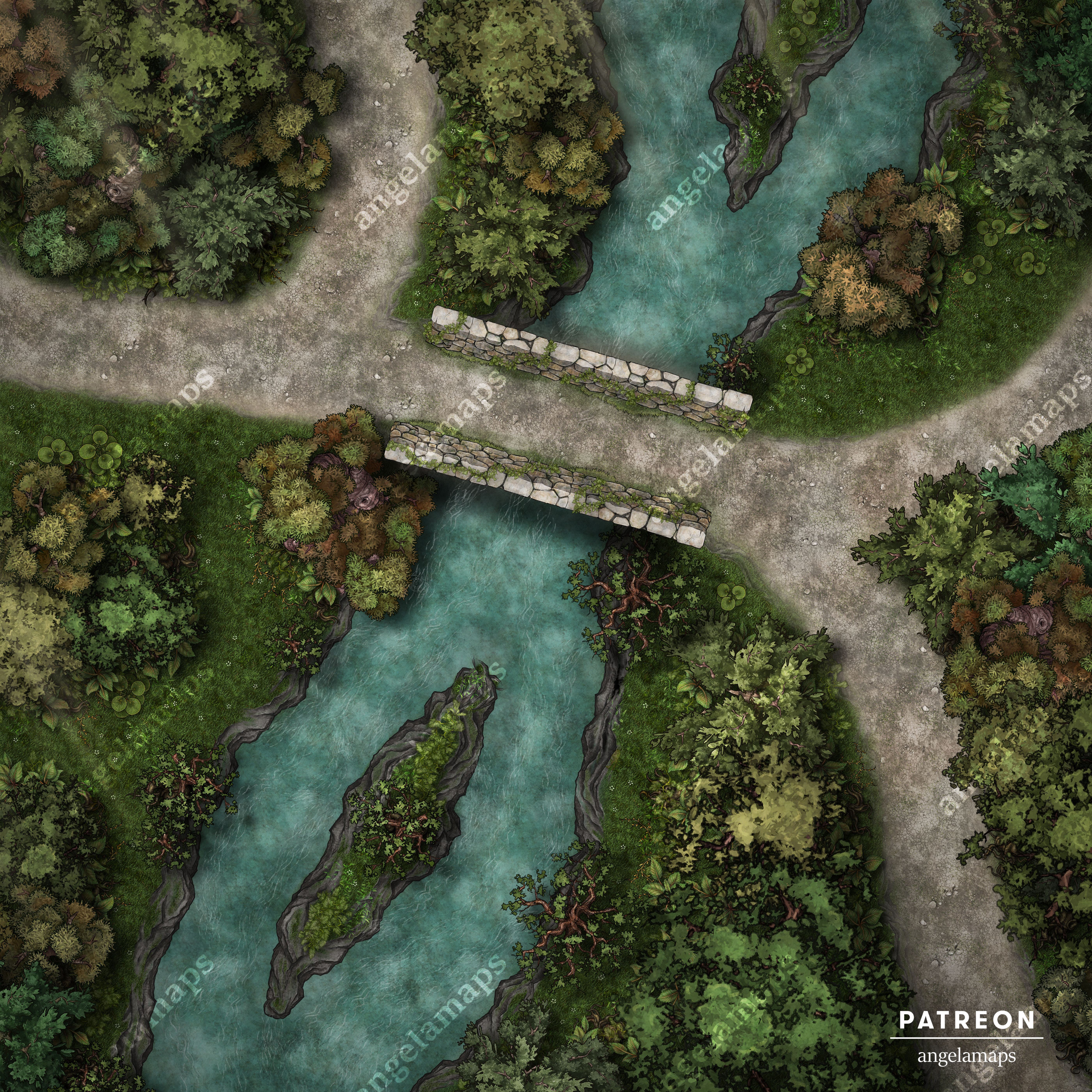 Battle map showing a bridge over a river, and a road with differnt forking paths