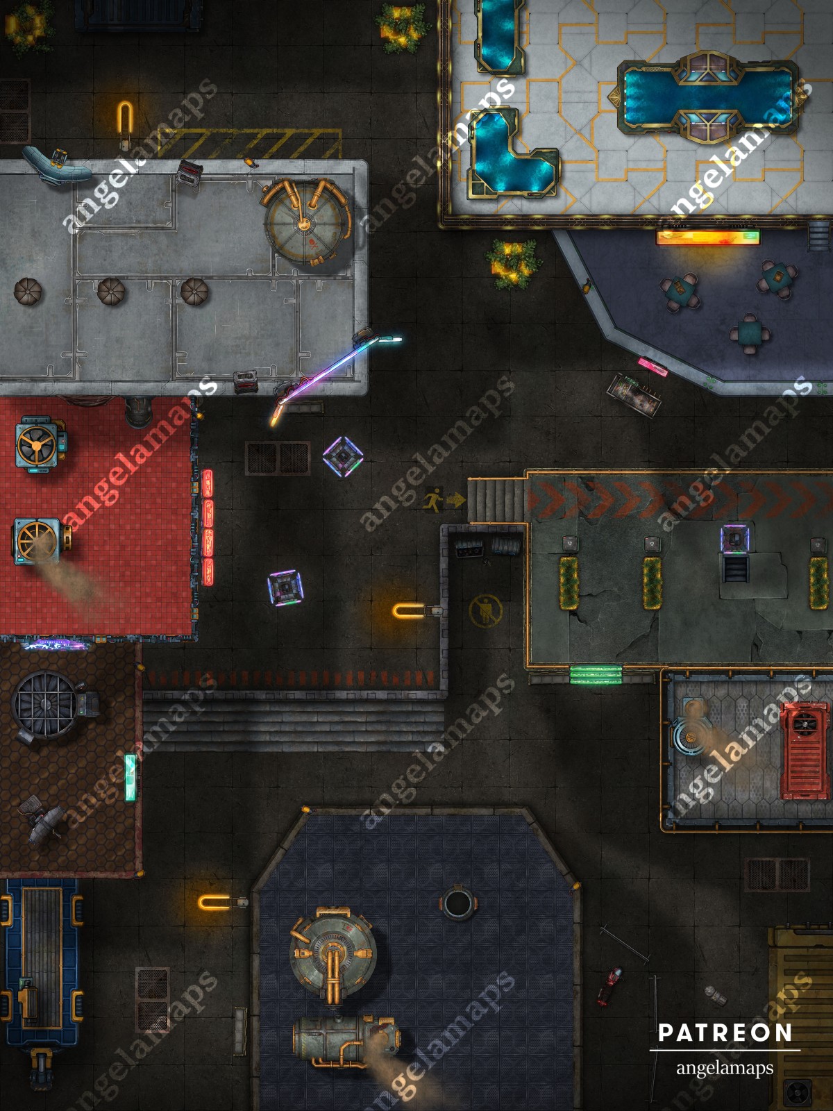 Busy city square in a sci-fi or cyberpunk city battle map for ttrpgs