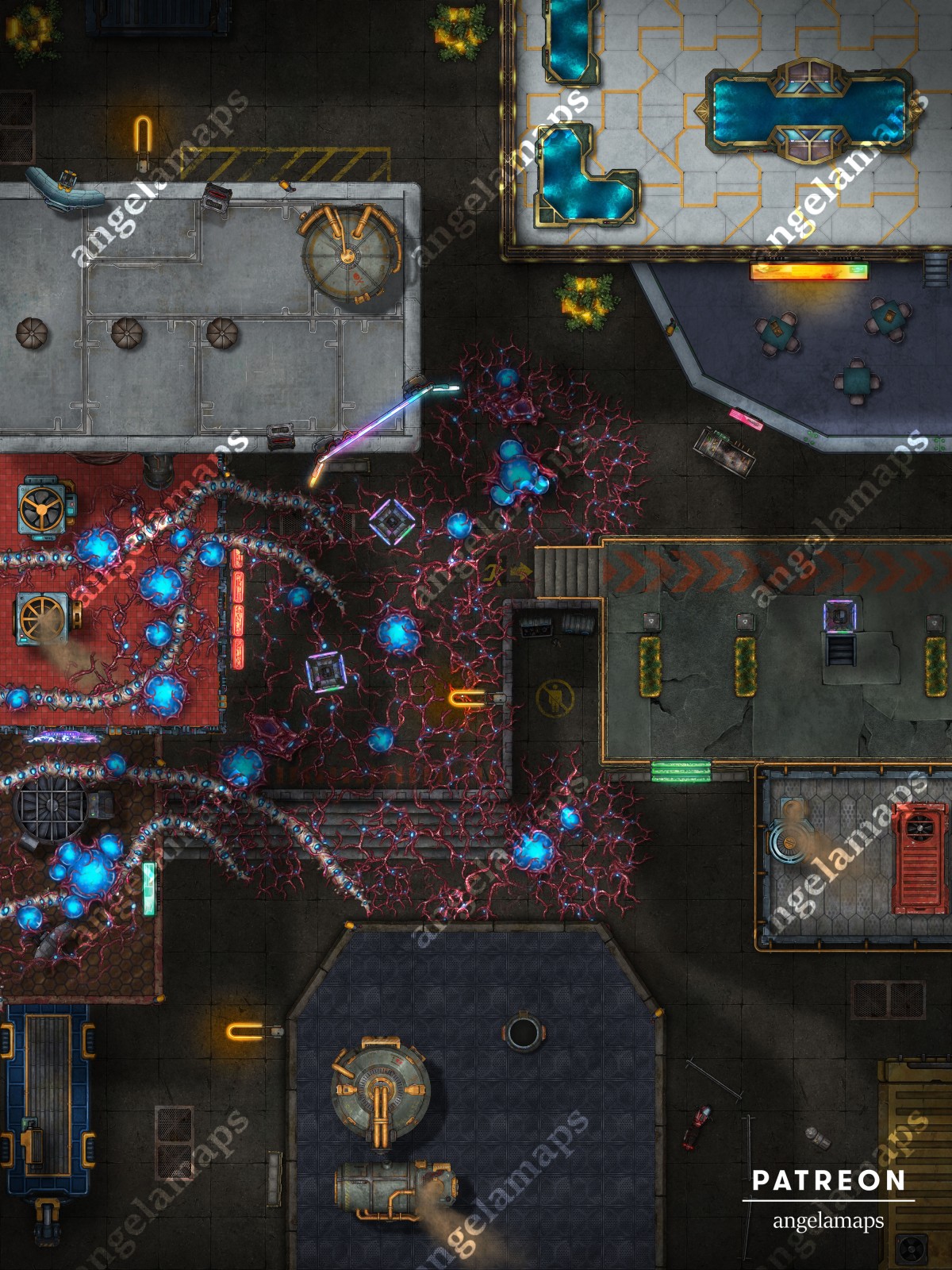 Busy city square in a sci-fi or cyberpunk city battle map for ttrpgs