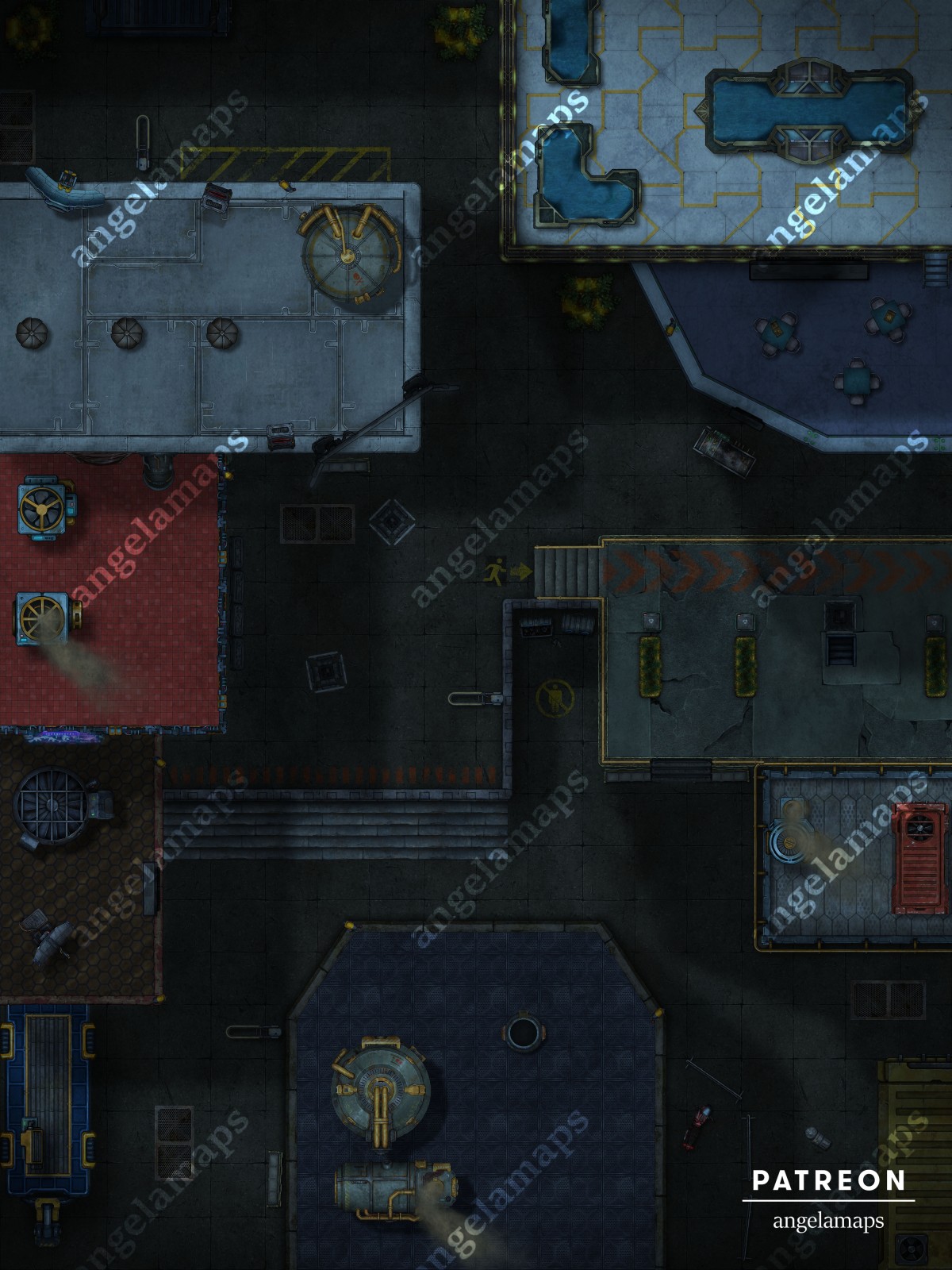 Busy city square in a sci-fi or cyberpunk city battle map for ttrpgs