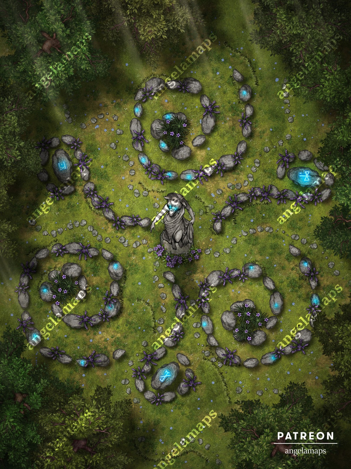 Animated battle map showing old druid ruins for TTRPGs