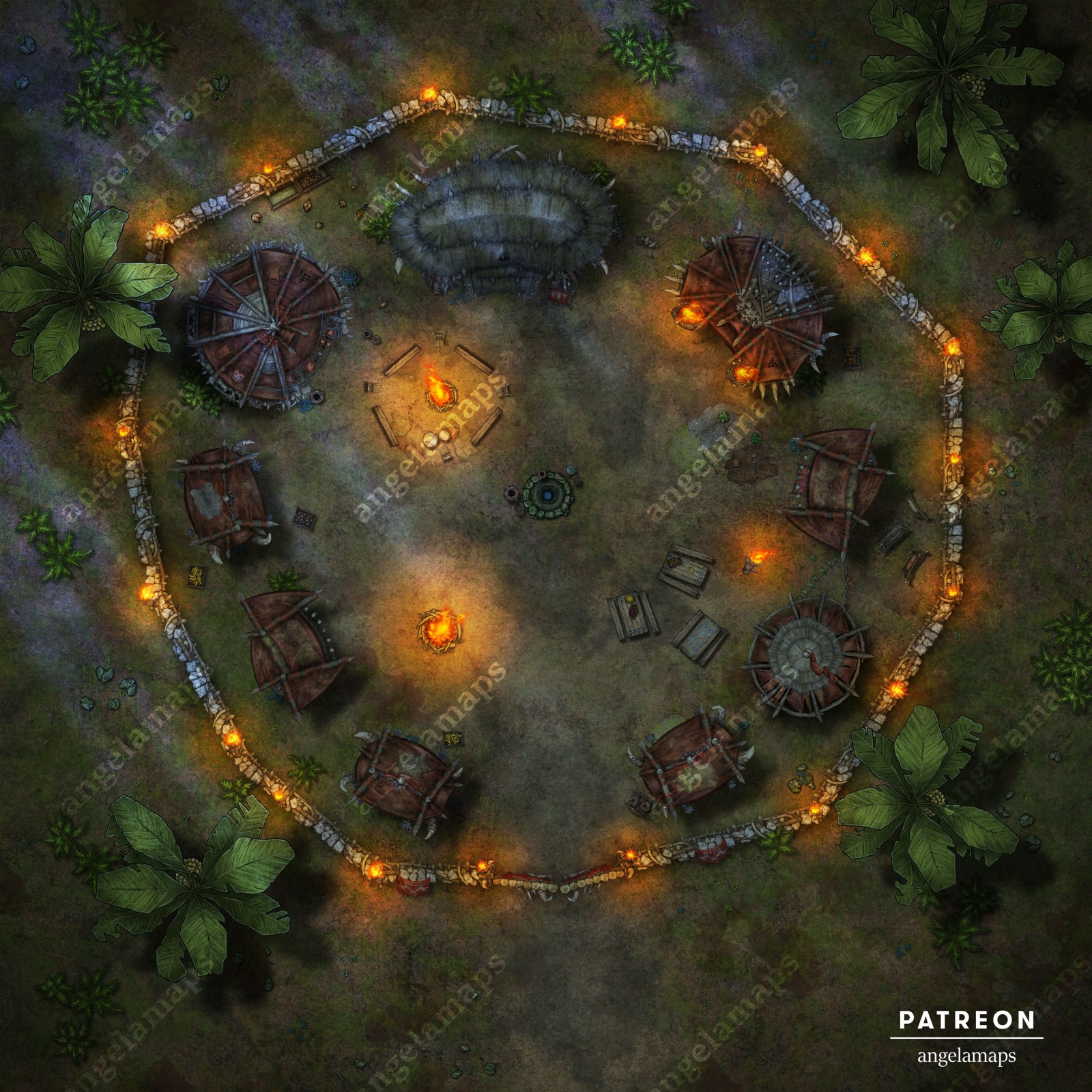 A tribal style orc outpost battle map packs for TTRPGs also with animated versions