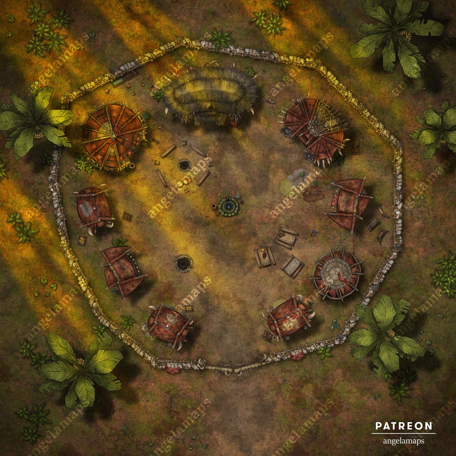 A tribal style orc outpost battle map packs for TTRPGs also with animated versions