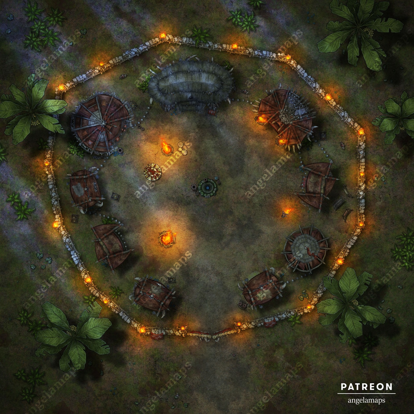 A tribal style orc outpost battle map packs for TTRPGs also with animated versions