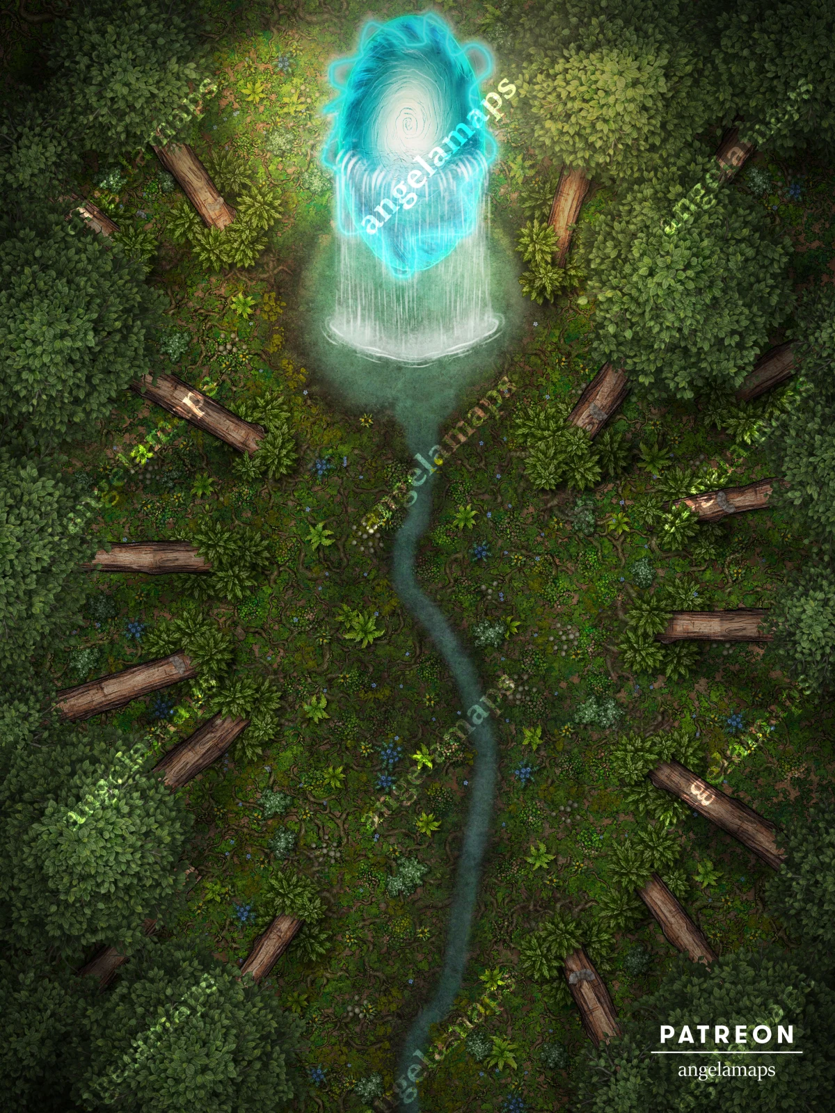The Vortex Mysterious water vortex in a forest battle map pack for TTRPGs