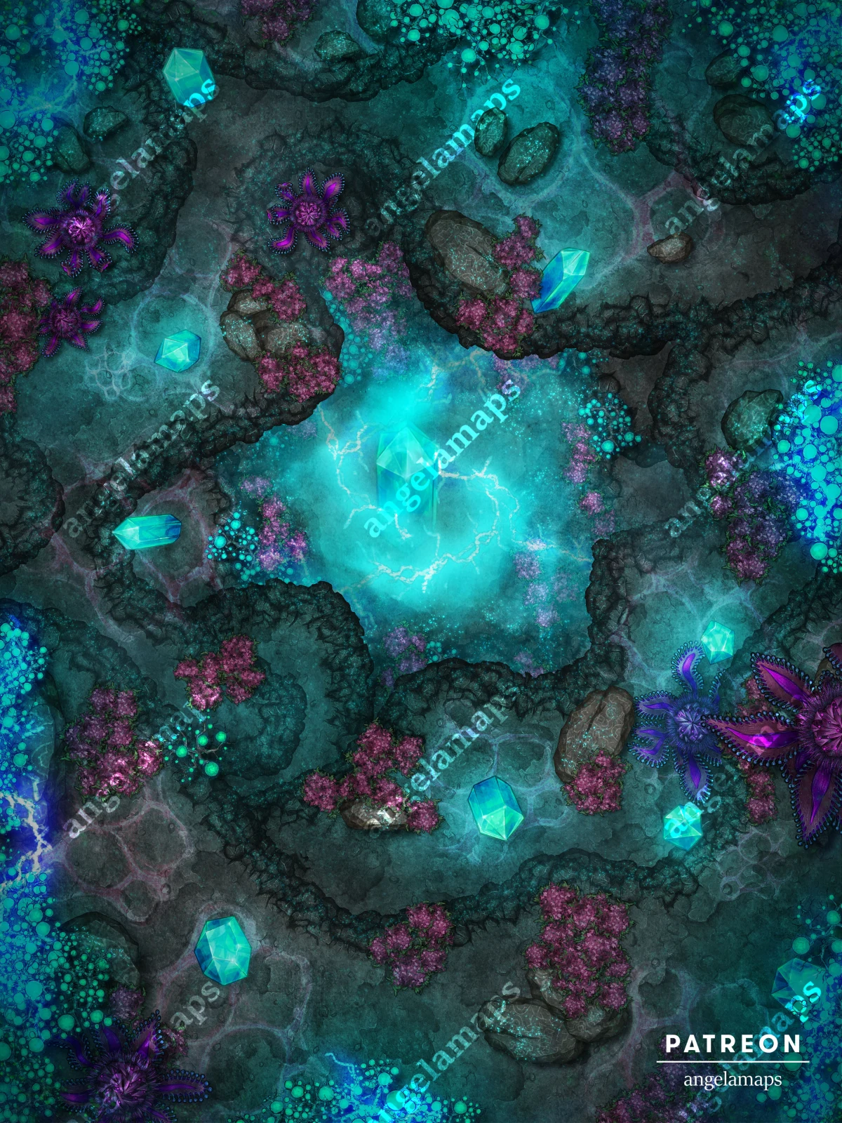 Large glowing crystal in a cave, battle map for ttrpgs