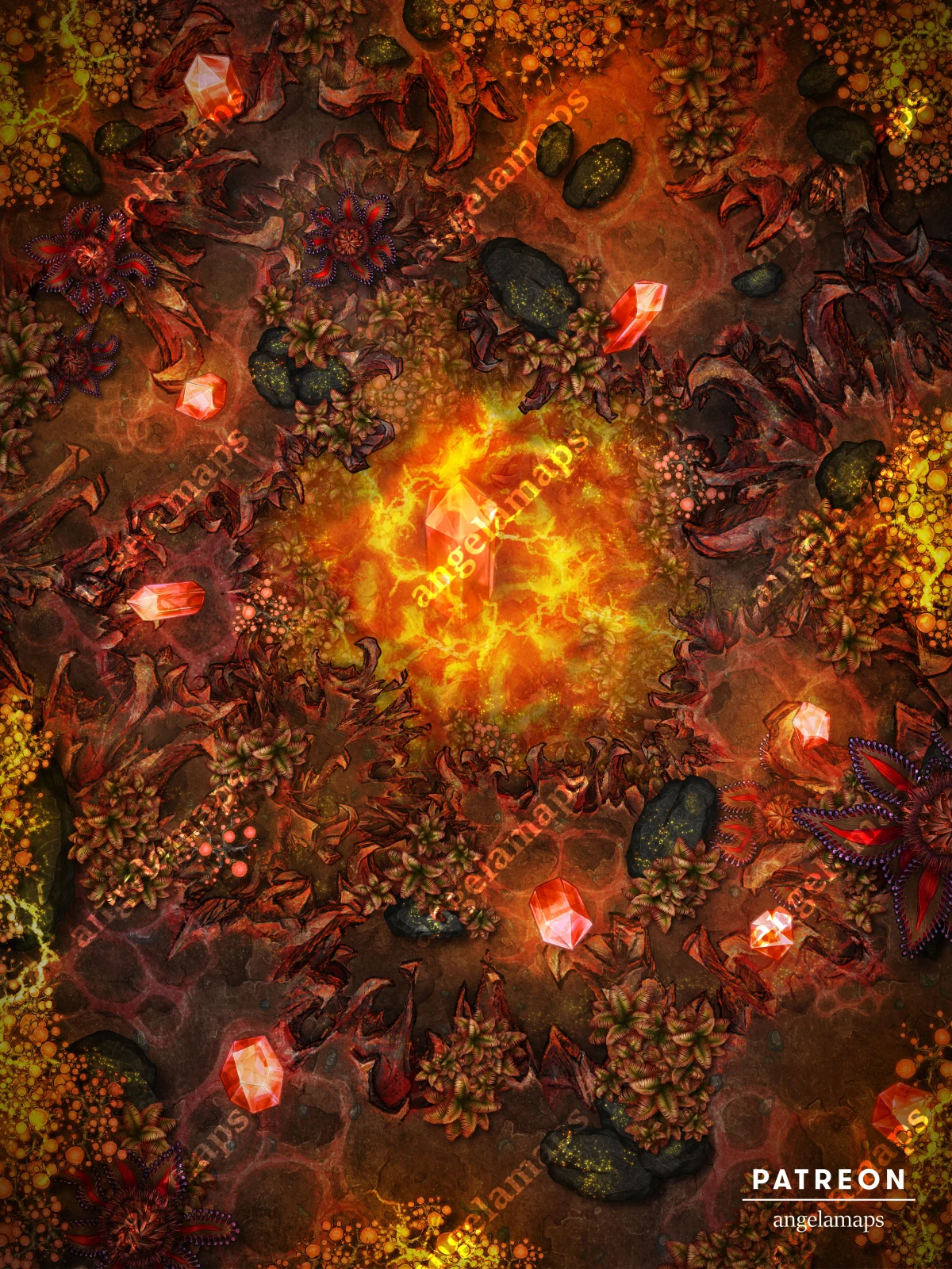 Large glowing crystal in a cave, battle map for ttrpgs