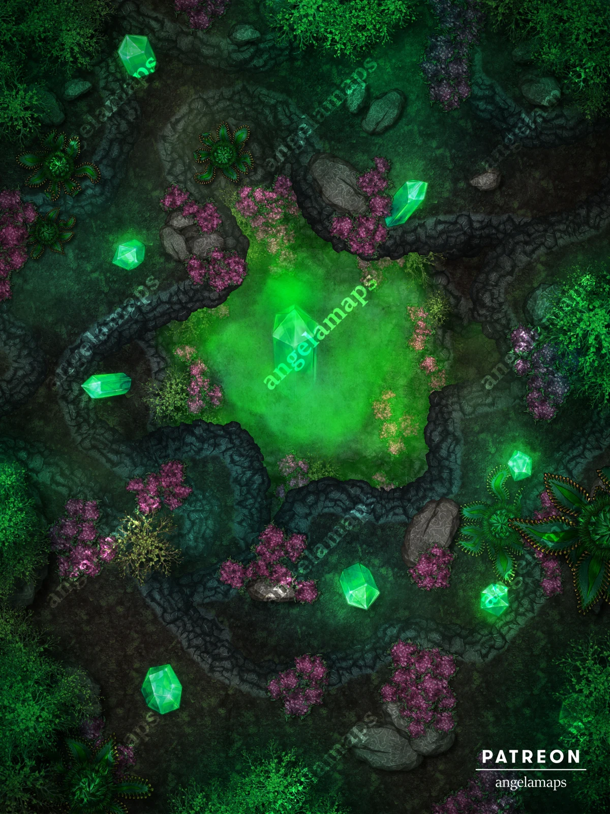 Underdark Crystal Large glowing crystal in a cave, battle map for ttrpgs