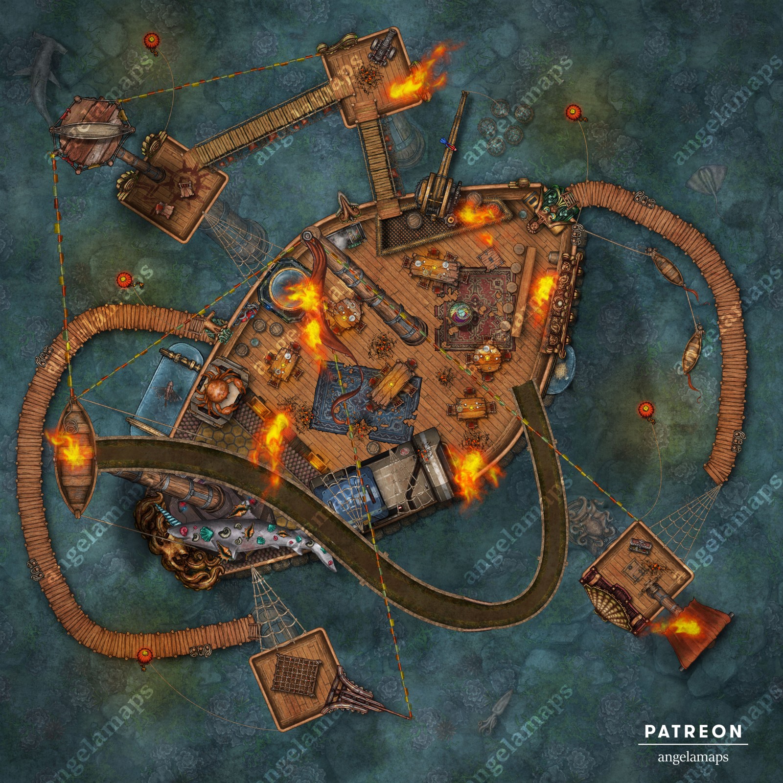 A silly, funny, wacky pirate base battle map for your TTRPG games