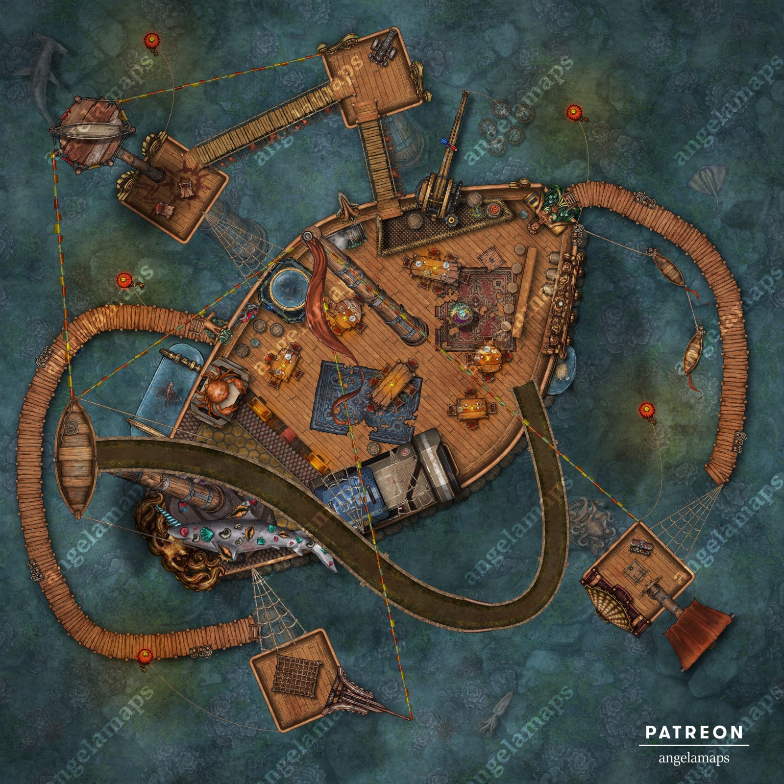 A silly, funny, wacky pirate base battle map for your TTRPG games