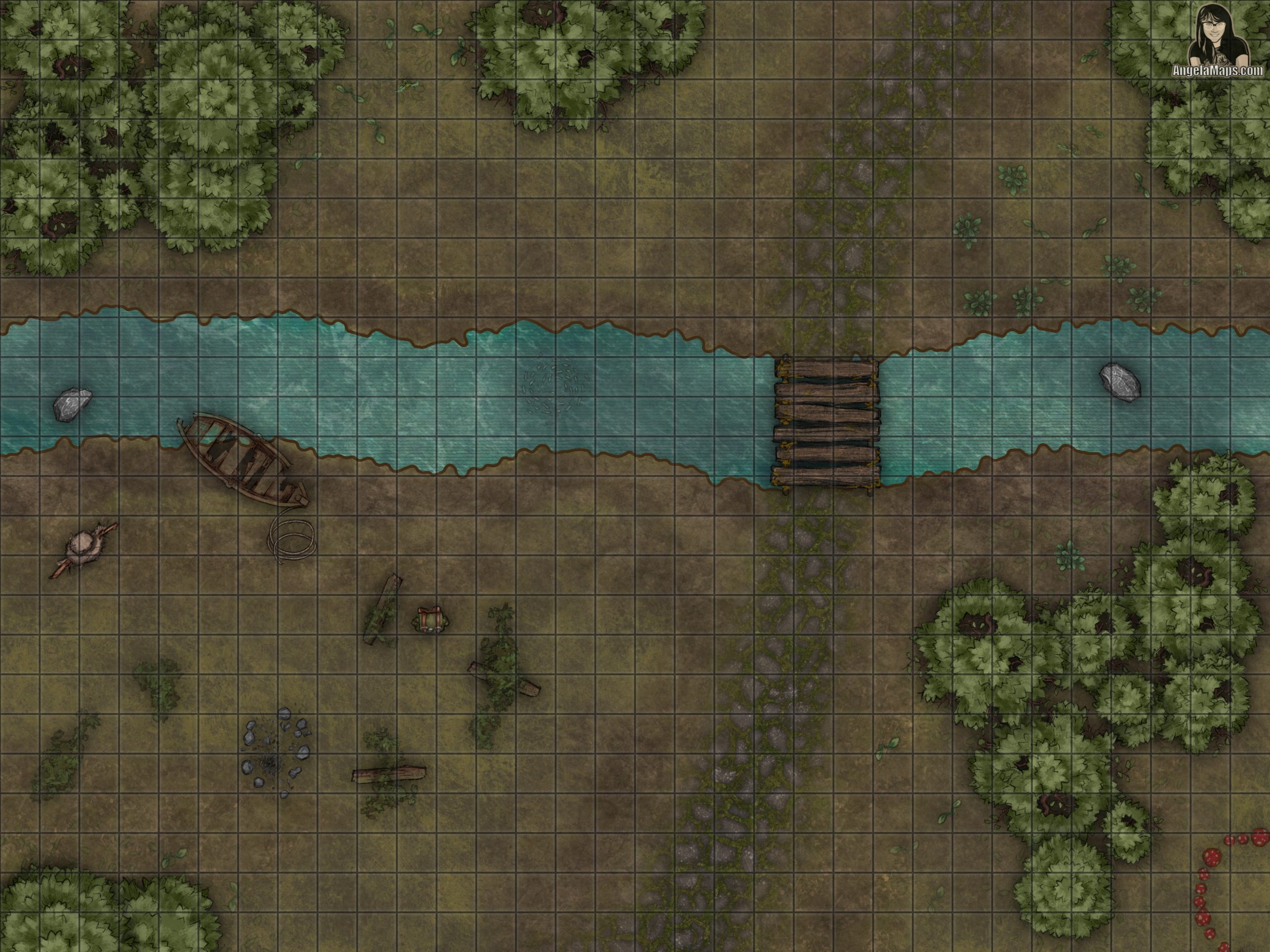 Long abandoned camp battle map encounter in a forest with a river for D&D and pathfinder