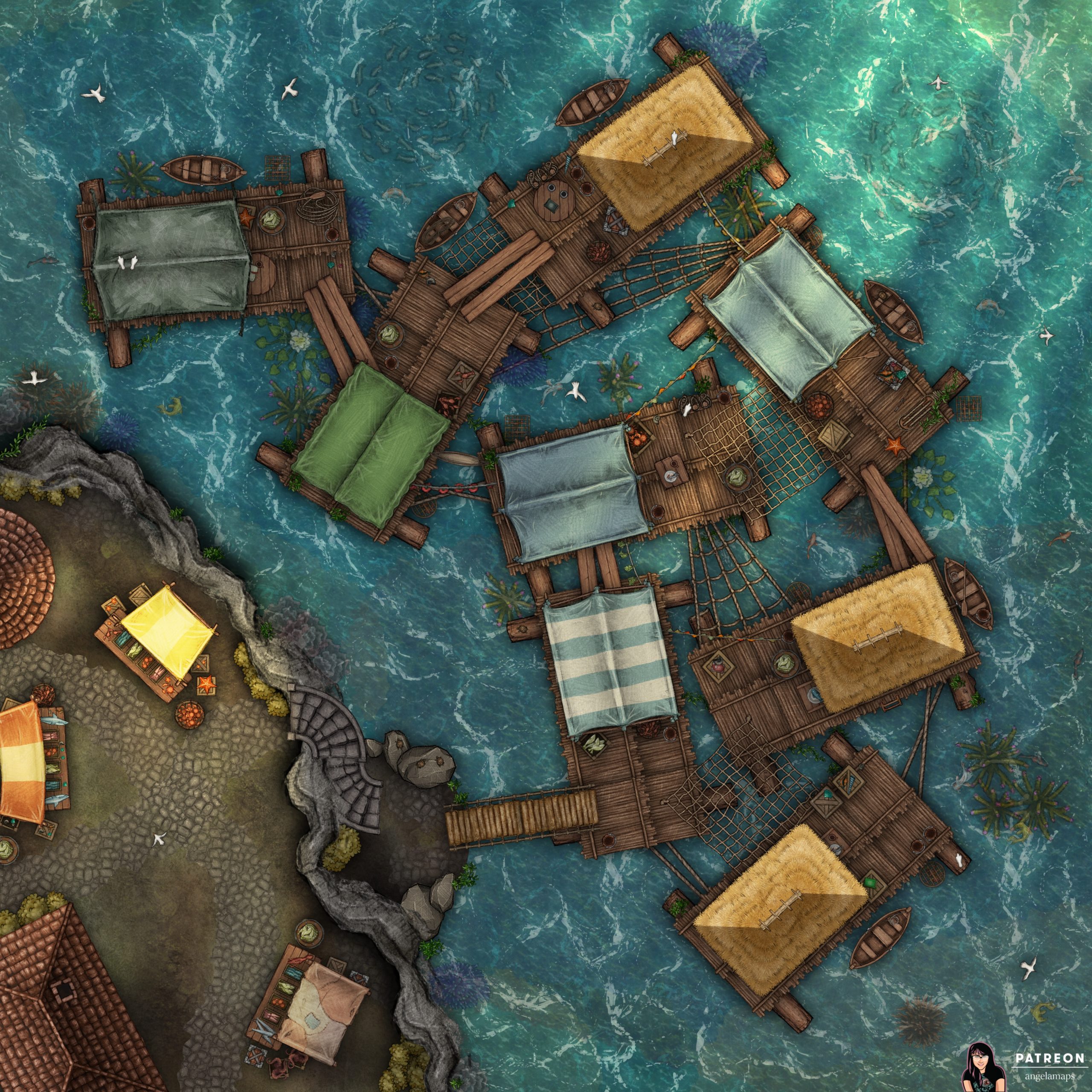Floating fishing village battle map encounter for D&D or pathfinder and other TTRPGs