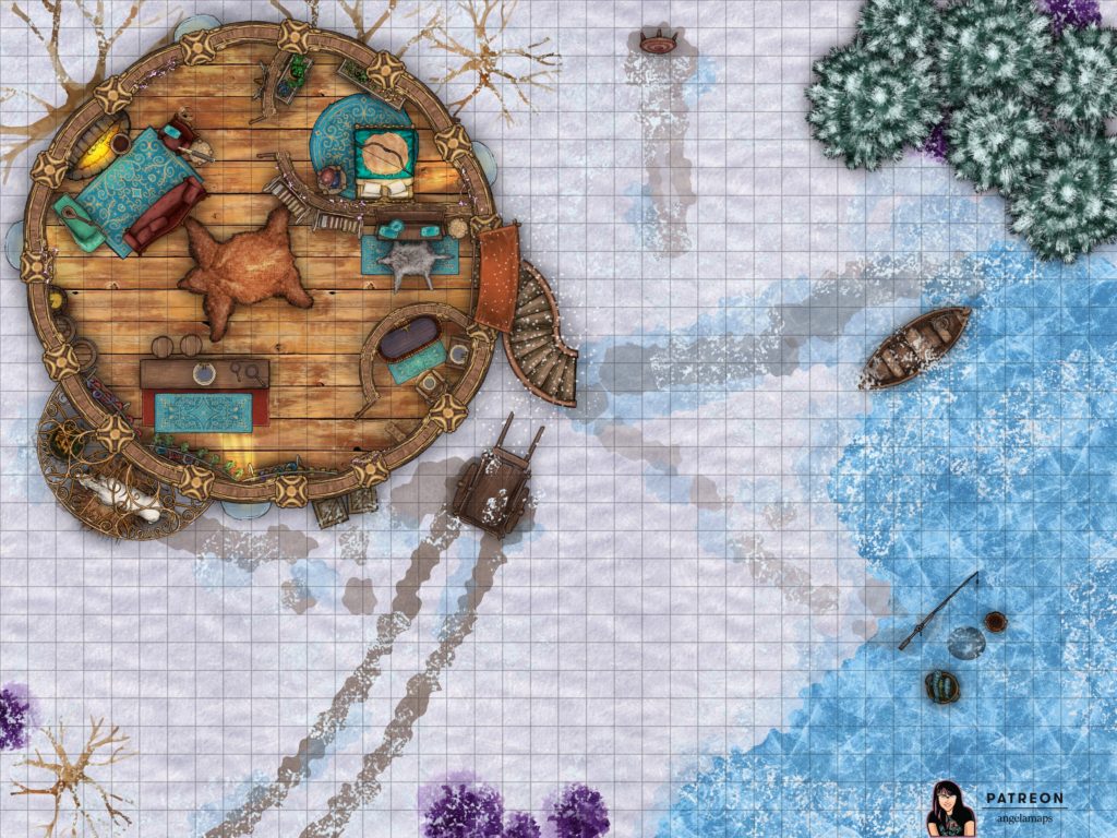 Small cabin in the woods in winter, somewhat elven looking, battle encounter map for D&D or pathfinder.
