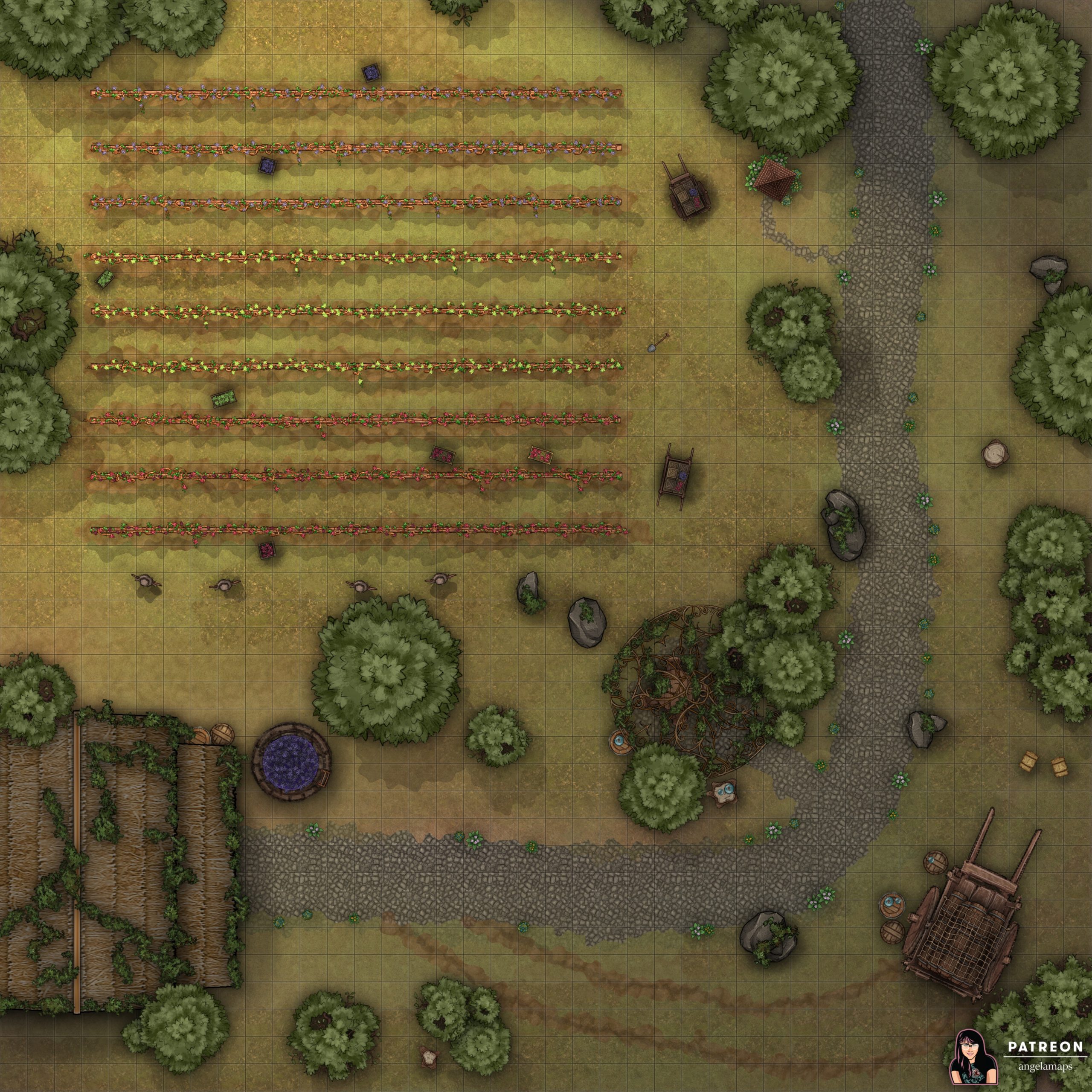 Outdoor vineyard battle map for D&D