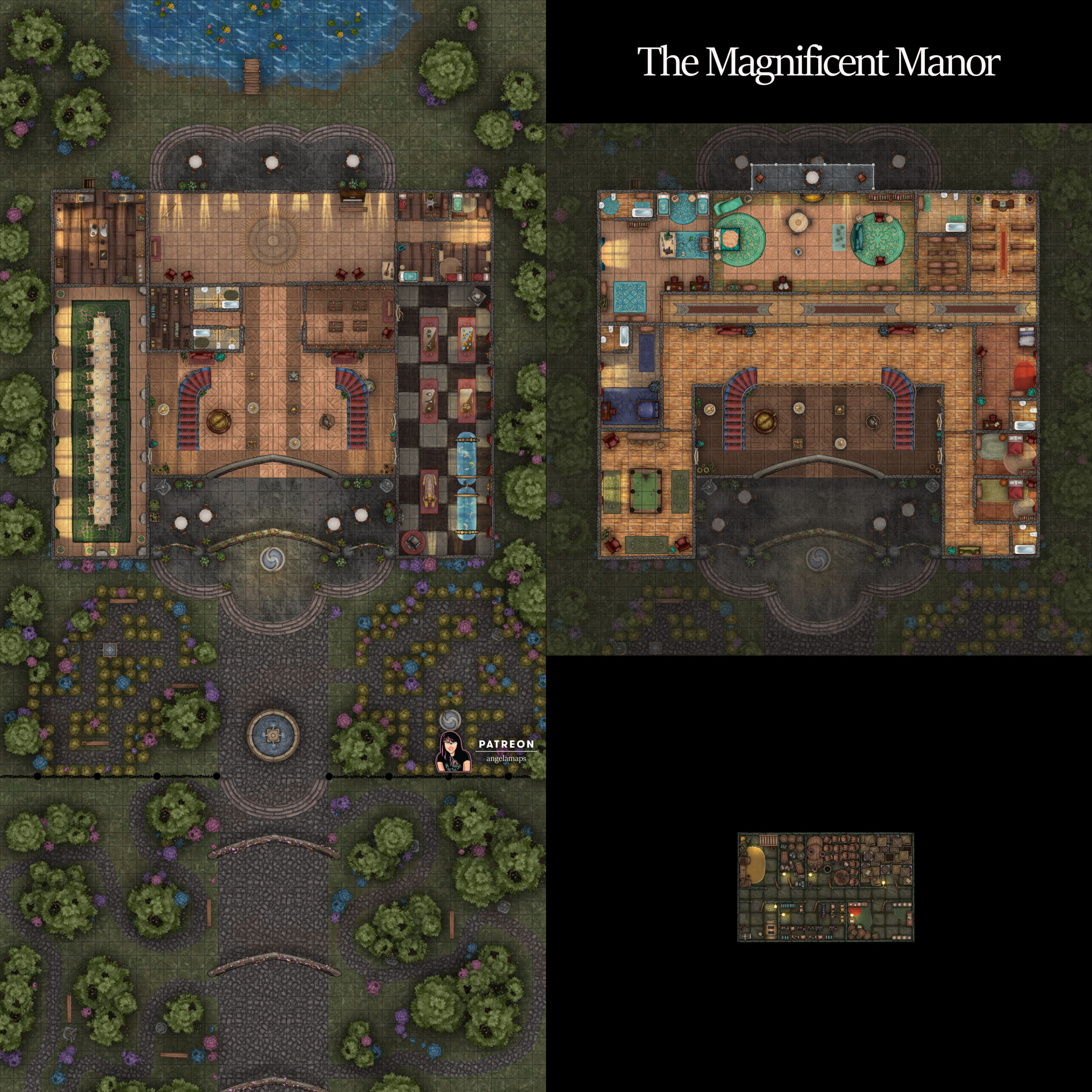 Huge manor house and grounds battle map encounter for D&D or pathfinder TTRPGs
