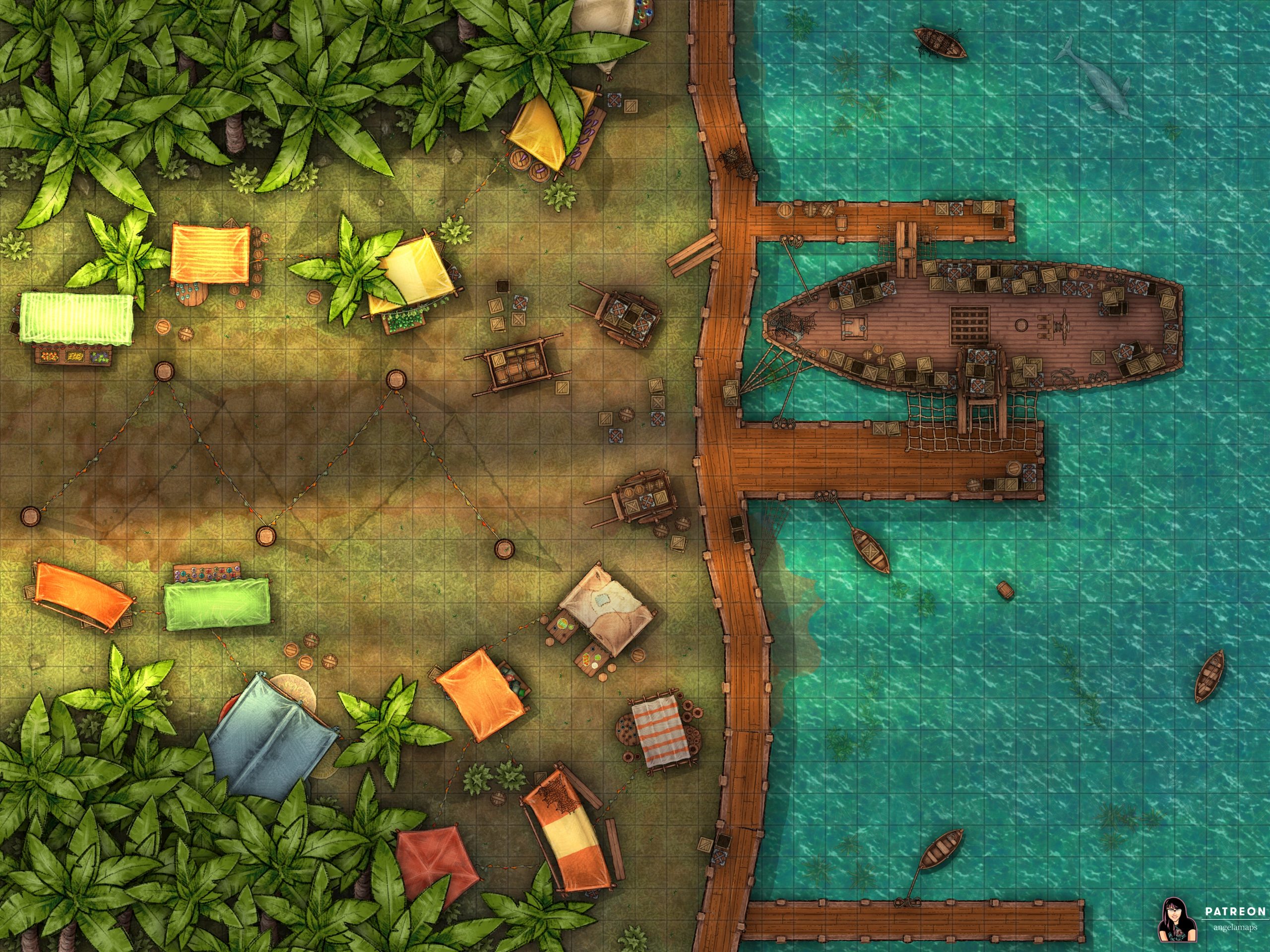 Shipping docks in the jungle battlemap for TTRPGs