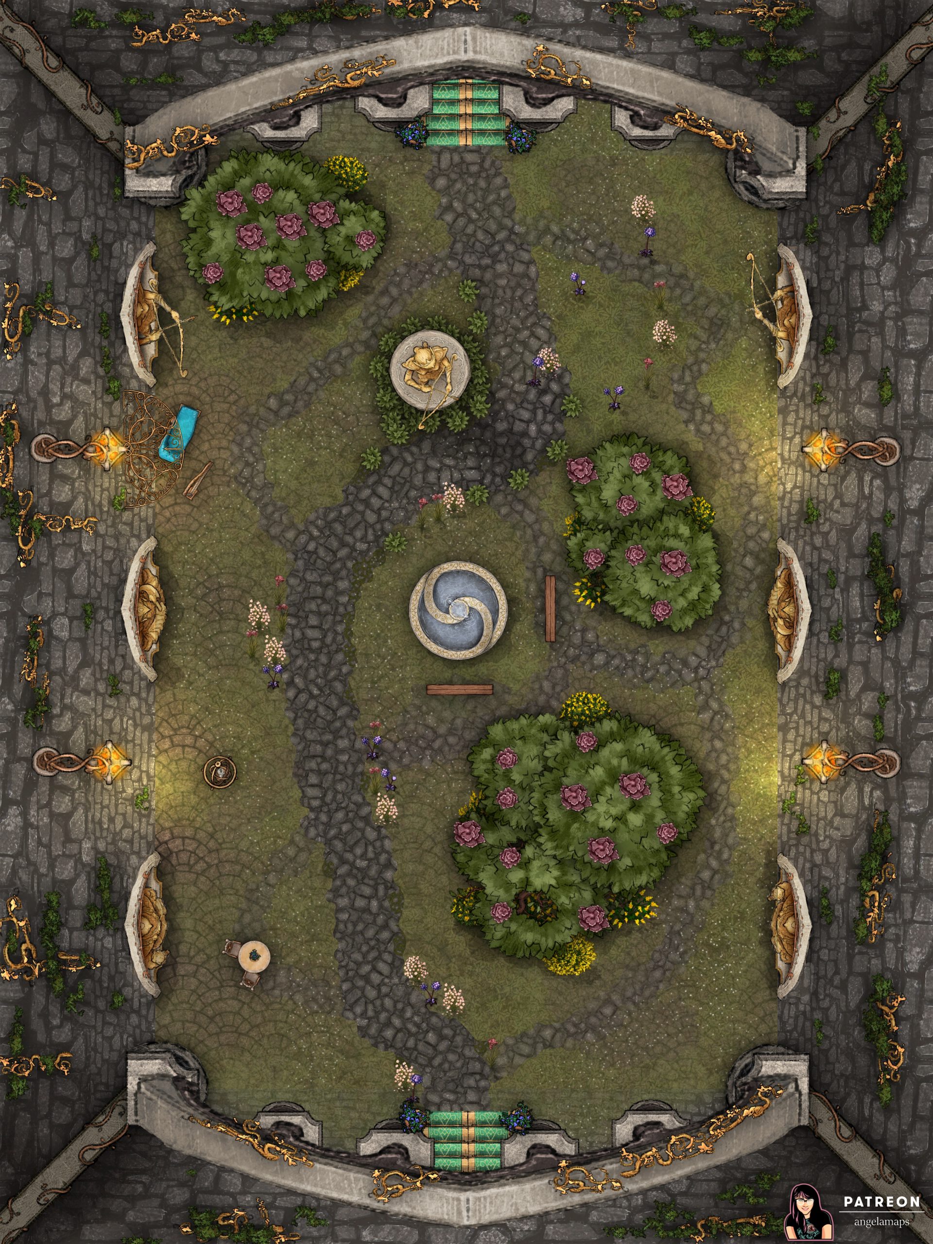 Beautiful elven courtyard encounter battlemap