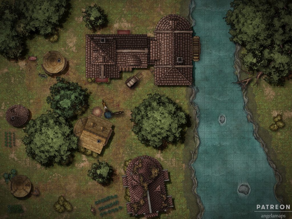 A battlemap encounter of a mill by a river for use in TTRPGs like D&D and pathfinder.  