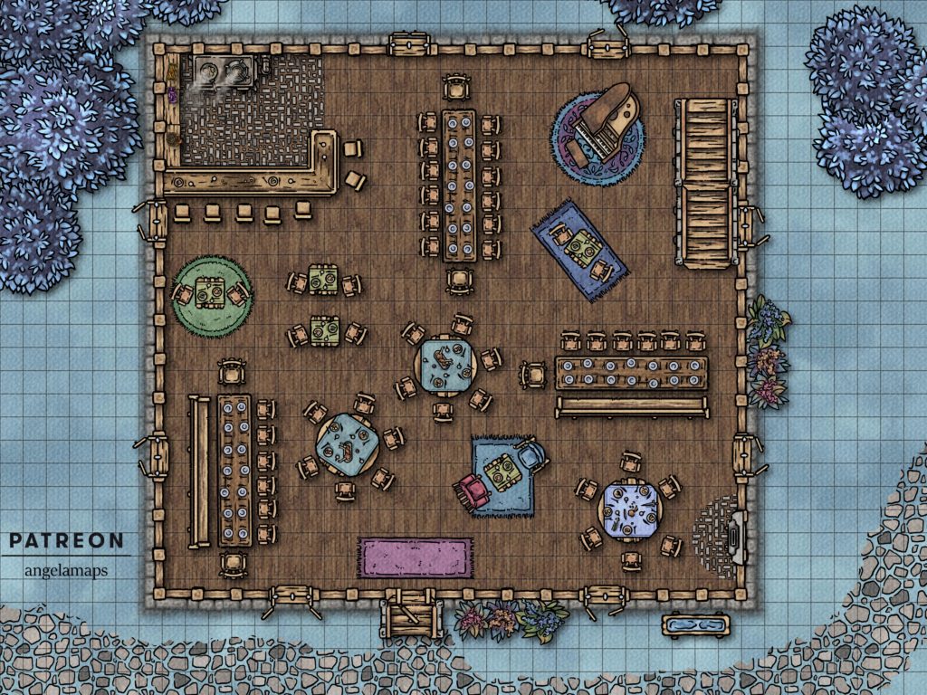 Clean cheerful inn battle encounter map for use in Fantasy Grounds in your next D&D adventure. 