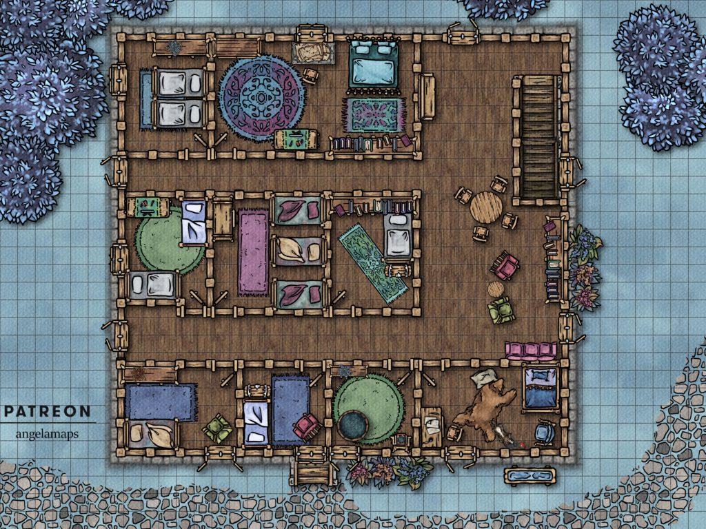 Watercolor inn battlemap for D&D and TTRPGs wired for Fantasy Grounds