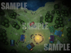 Night time Vistani camp caravans battle map encounter for D&D with Fantasy Grounds support