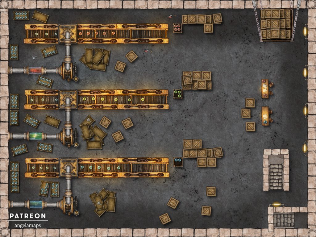 Factory line battle map encounter for D&D and pathfinder with fantasy grounds support