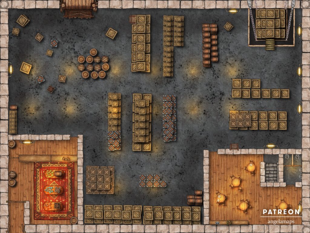 Factory warehouse battle map for D&D encounters with built in fantasy grounds support