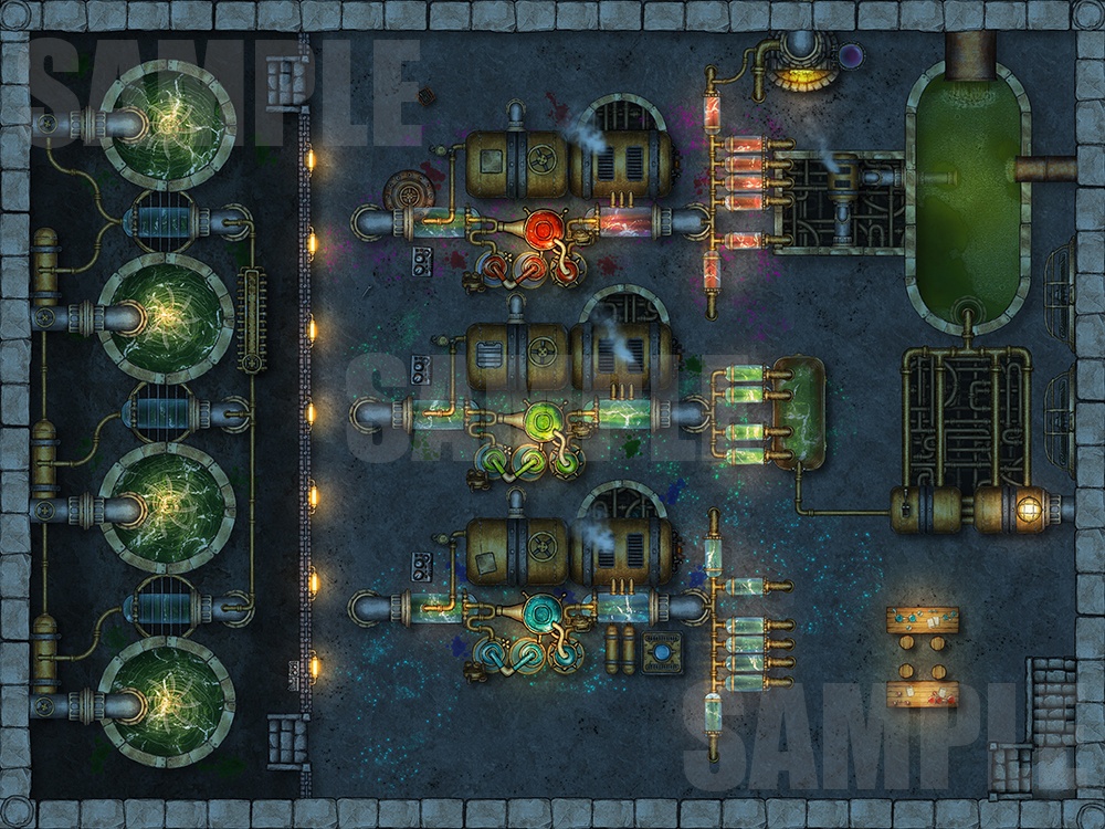 Potion making factory TTRPG battle map for D&D or pathfinder with fantasy grounds support.