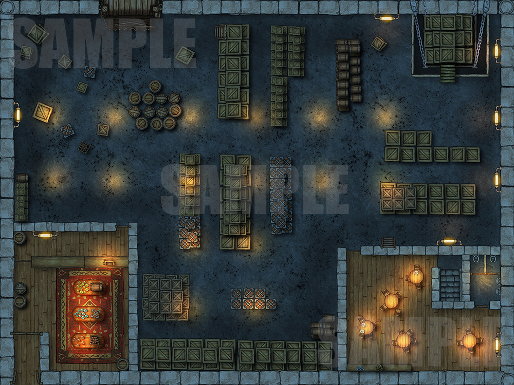 Warehouse at night battlemap for D&D