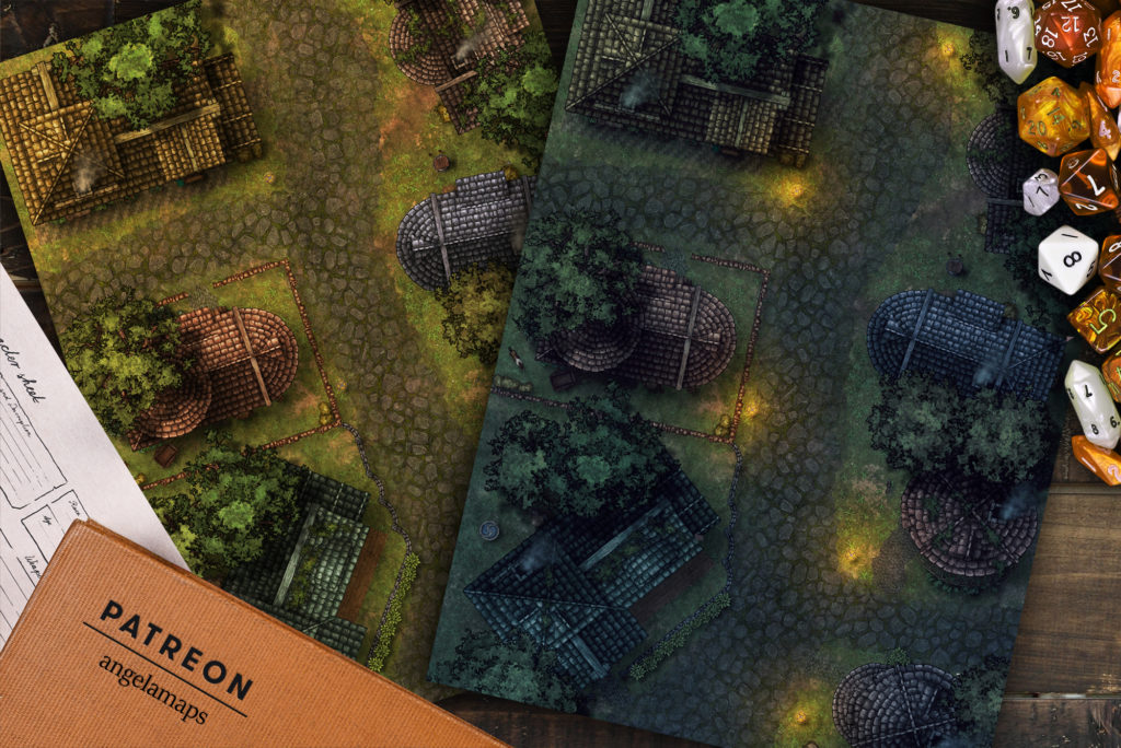 Village street battlemap day and night versions for D&D or Pathfinder with fantasy grounds support