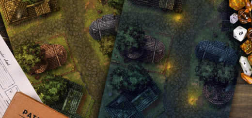 Village street battlemap day and night versions for D&D or Pathfinder with fantasy grounds support
