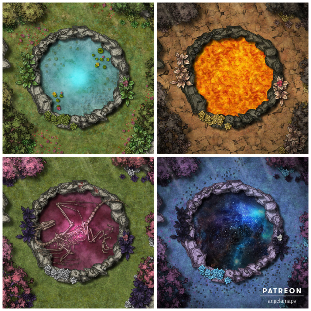 Four battle maps: a mysterious well, a lava well, the resting spot of a dead dragon, and a cosmic galaxy well.  For D&D or Pathfinder.