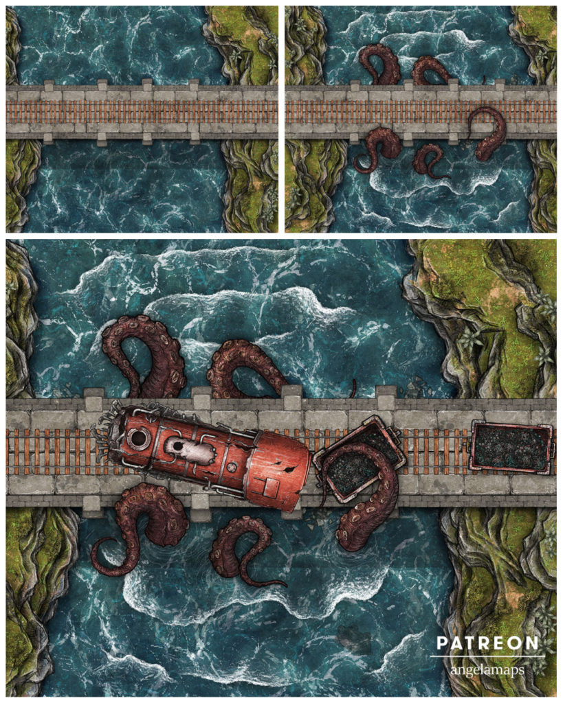 Kraken attacking a train battle map for D&D