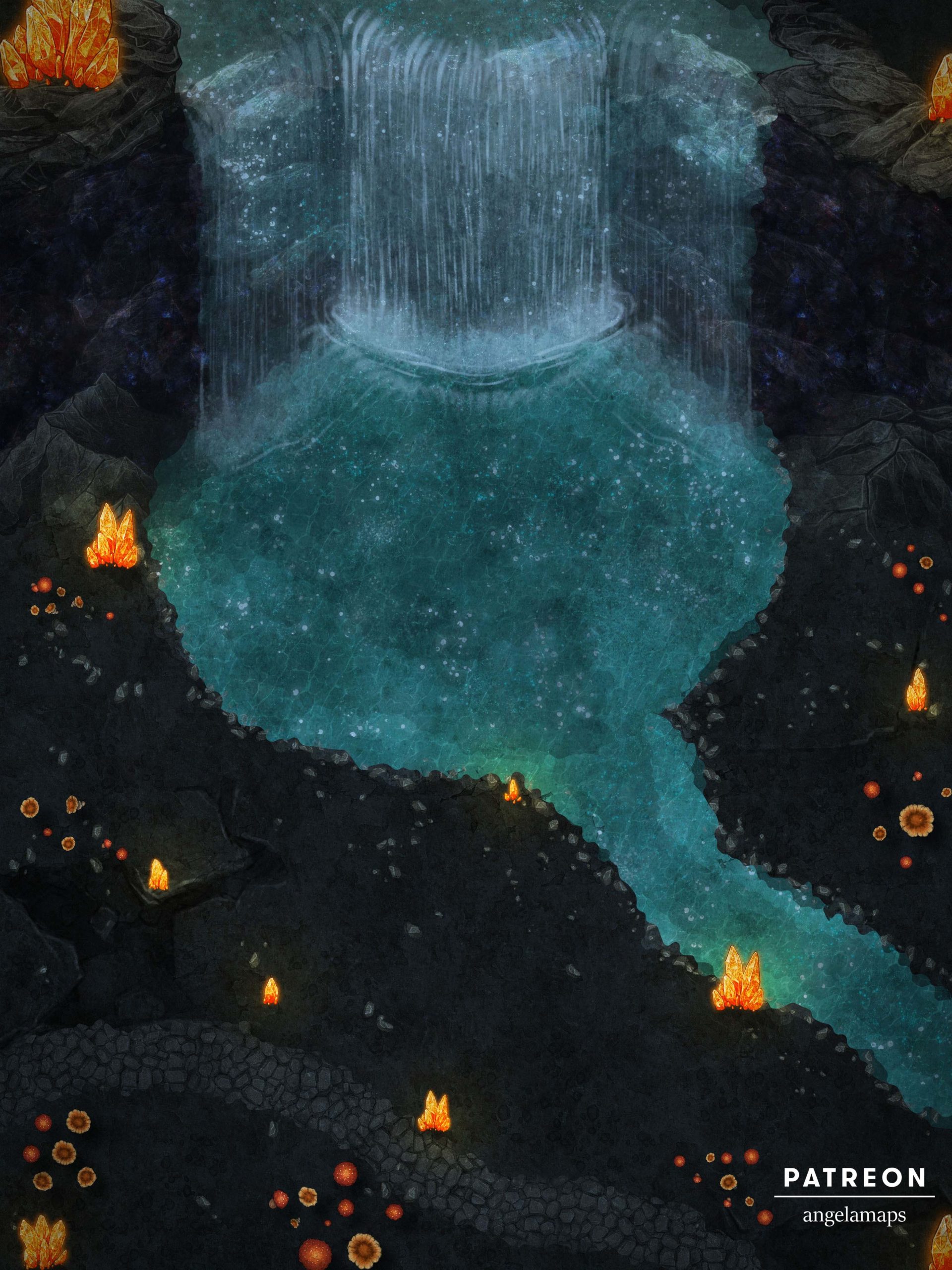 Beautiful underdark waterfall battle map for D&D or pathfinder