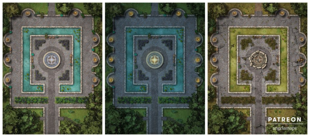 Gardens - day, night and ruined battle maps for D&D and Pathfinder