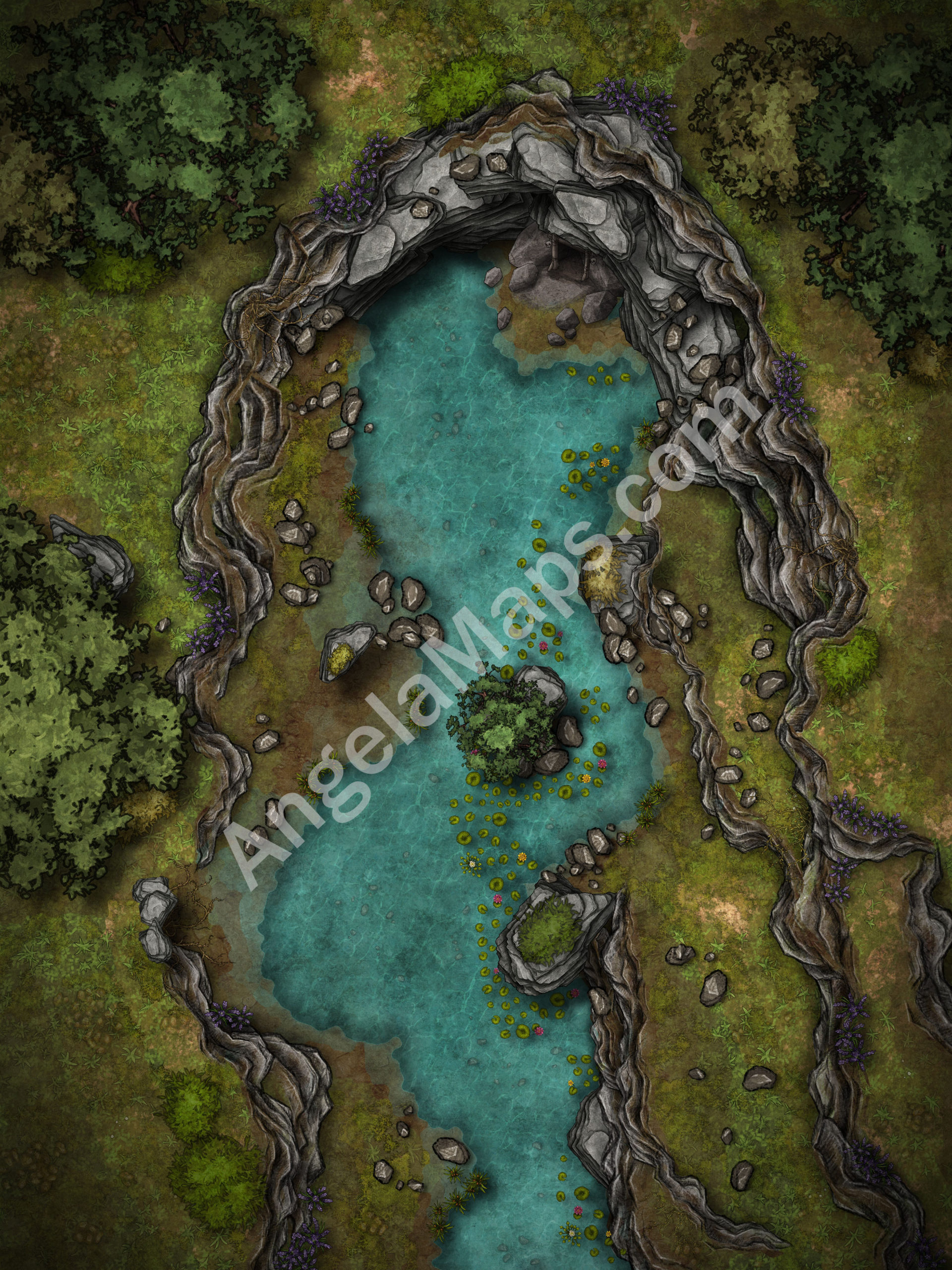River by a cave battle map for D&D