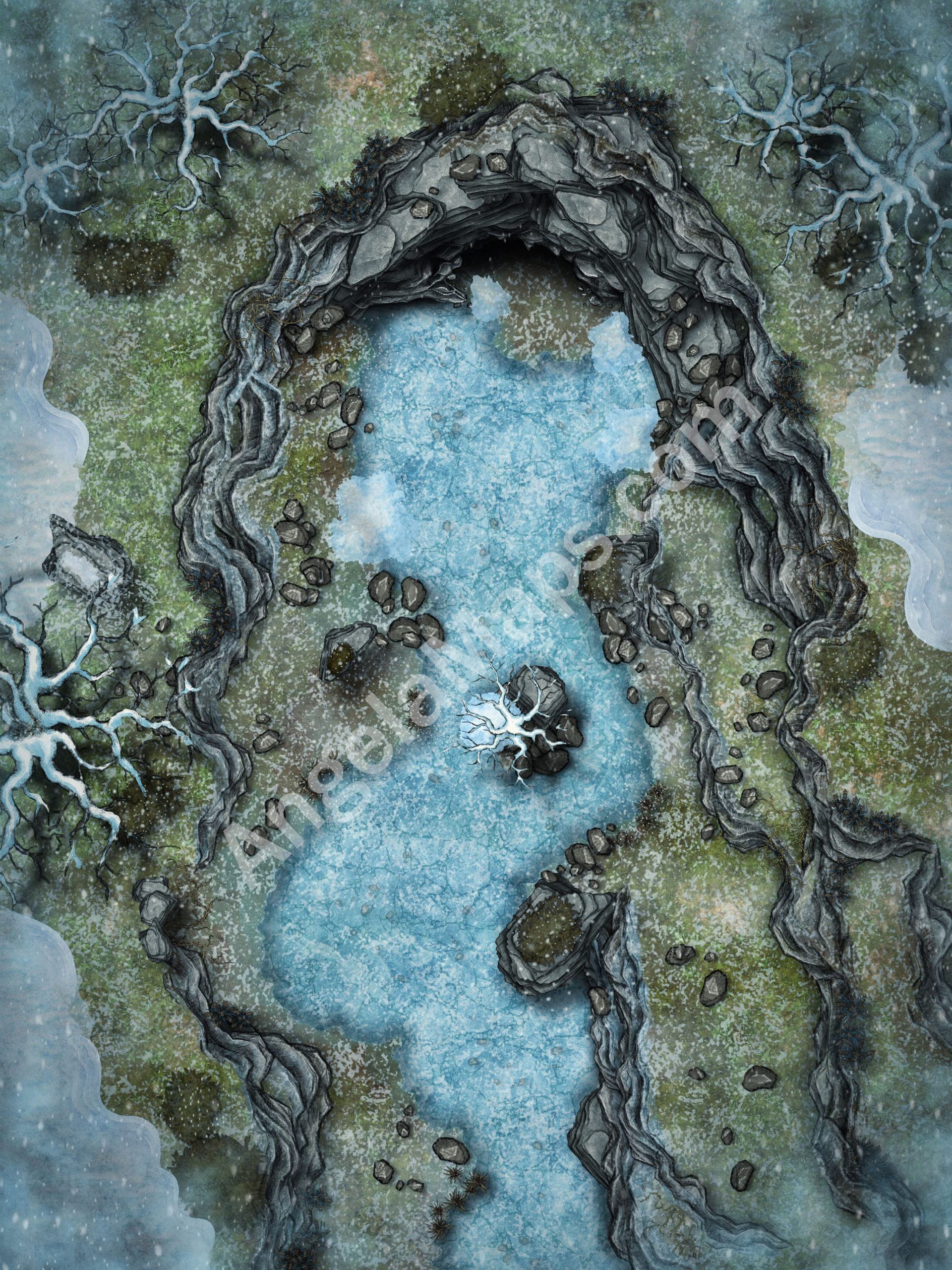Frozen river by a cave battle map