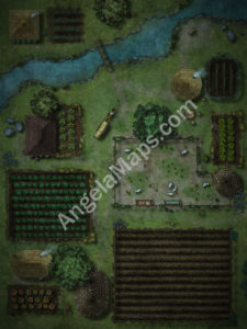 Farm country battle map with farm land by a river at night