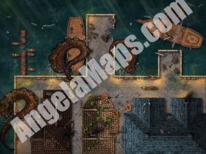 Wharf being attacked by a kracken battle map for D&D