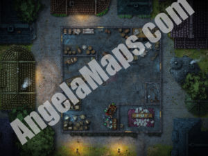 Abandoned warehouse at night battle map for D&D or Pathfinder
