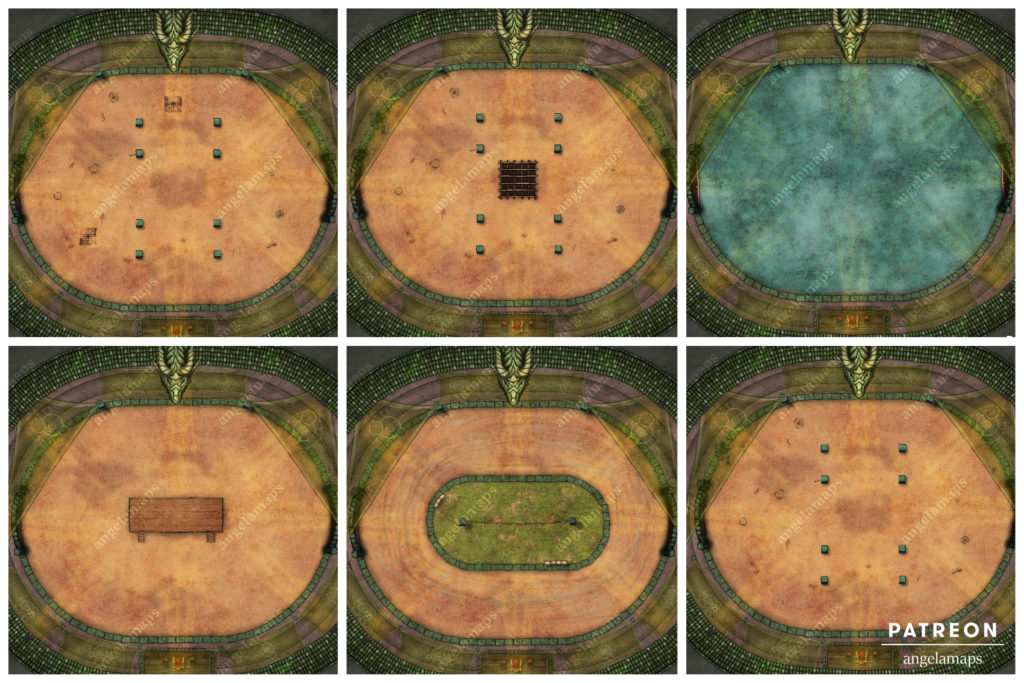 Arena map with six variations for D&D and other RPGs.  Setup for Foundry VTT and Fantasy Grounds.