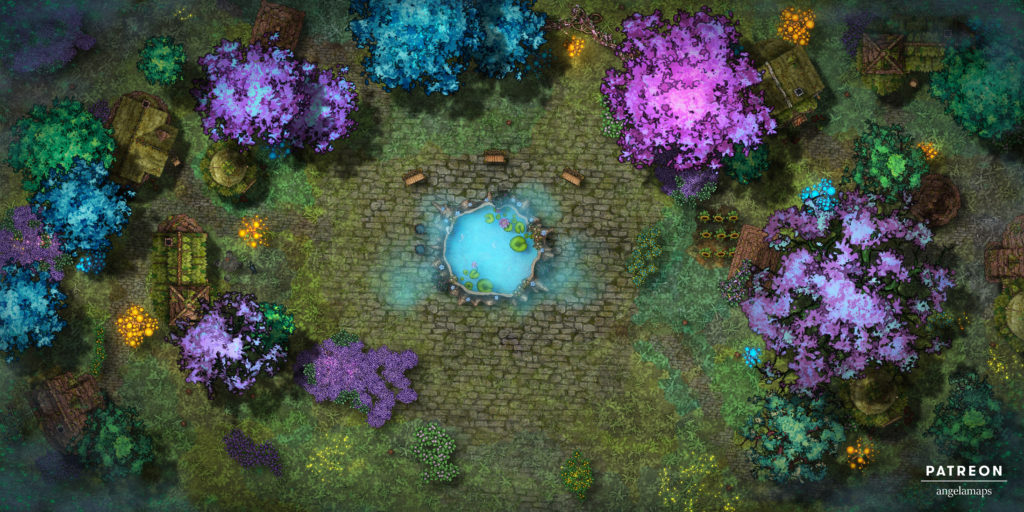 Widescreen village in a fey forest battle map