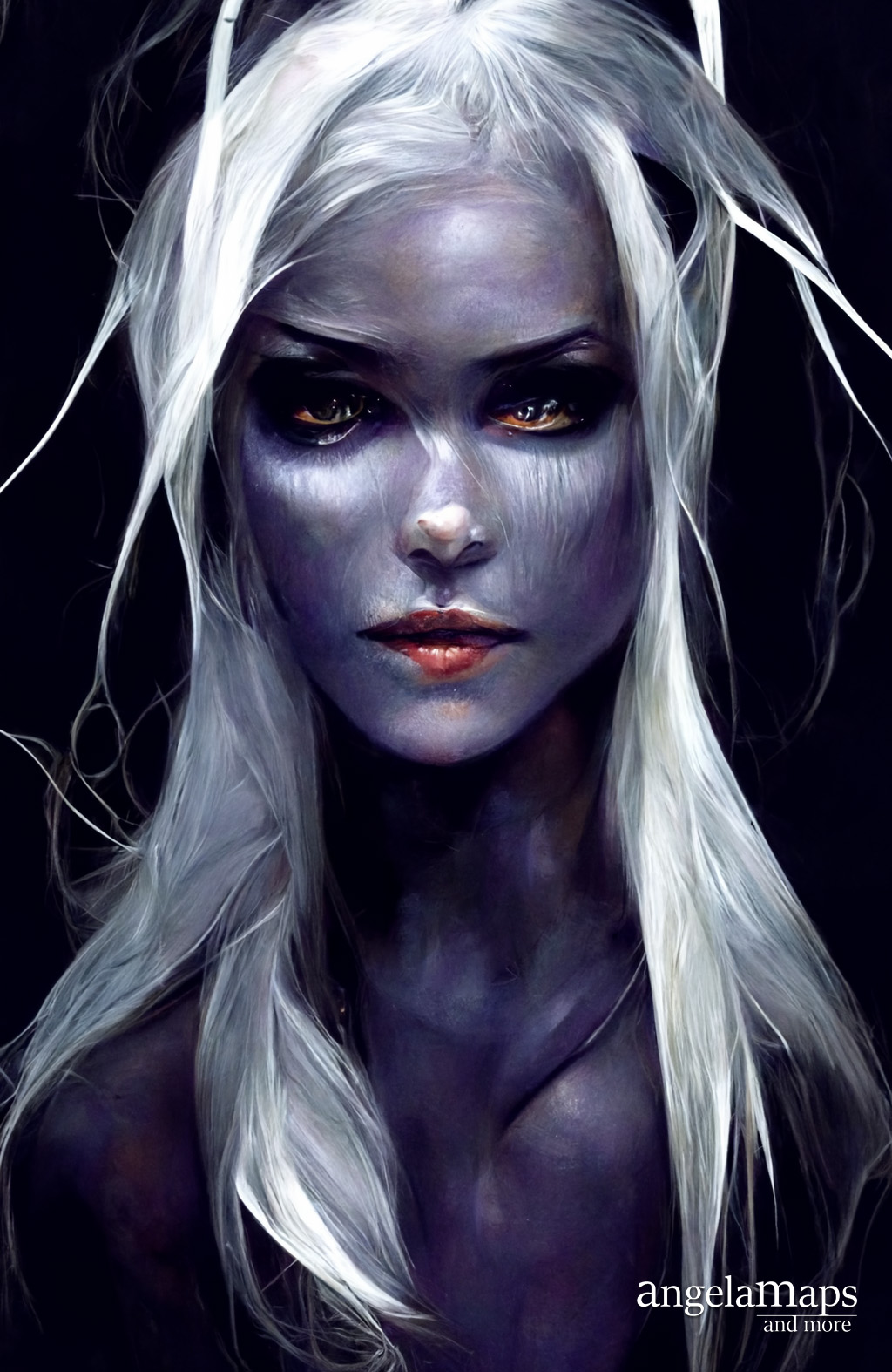 Portrait of a drow woman to share in tabletop role playing games 