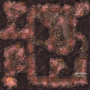 Warm colored orangish red mine battle map for D&D and other TTRPGs