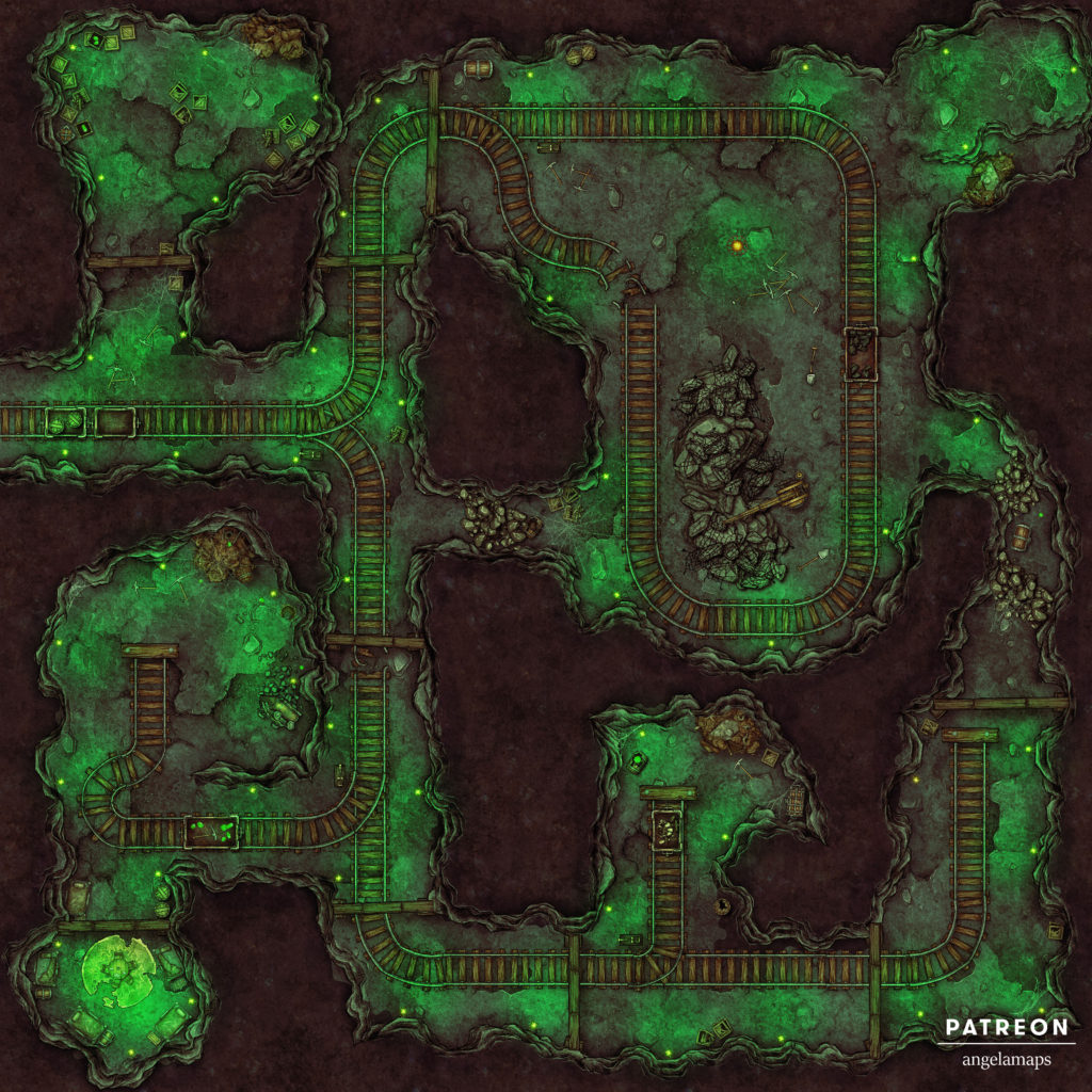 Mine battle map with a mysterious green glow for D&D and other ttrpgs