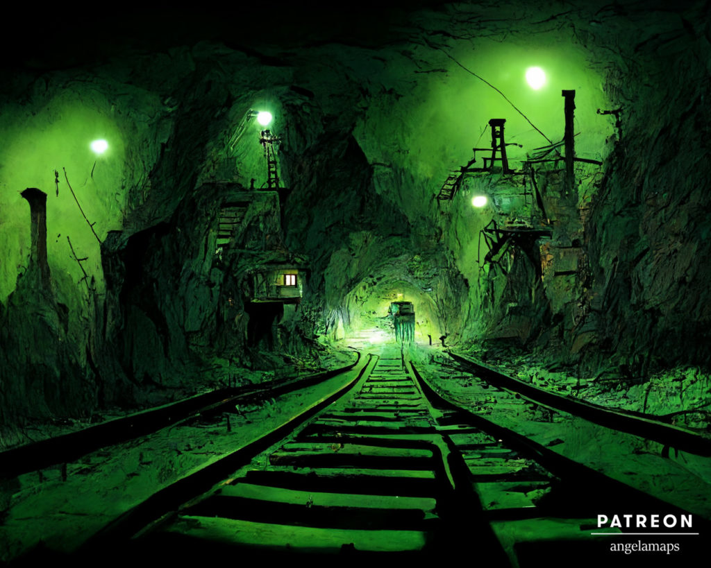 A mine with an eerie green glow.  Art to accompany the free battle map.