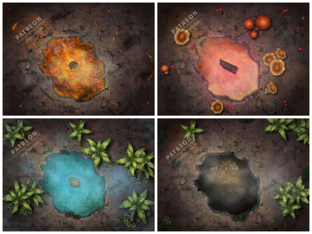 Oasis crater, tar pit, strange obelisk and lava pit battle maps for D&D