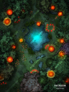 Mushroom forest at night with small pond battle map for D&D